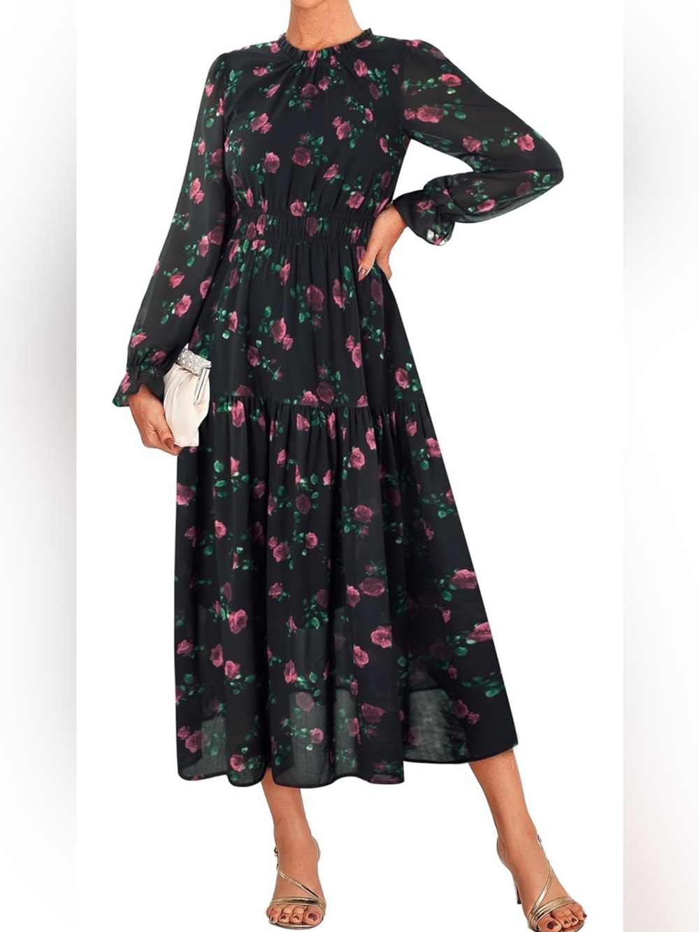 Grace Karin Black Floral Chiffon Maxi Dress